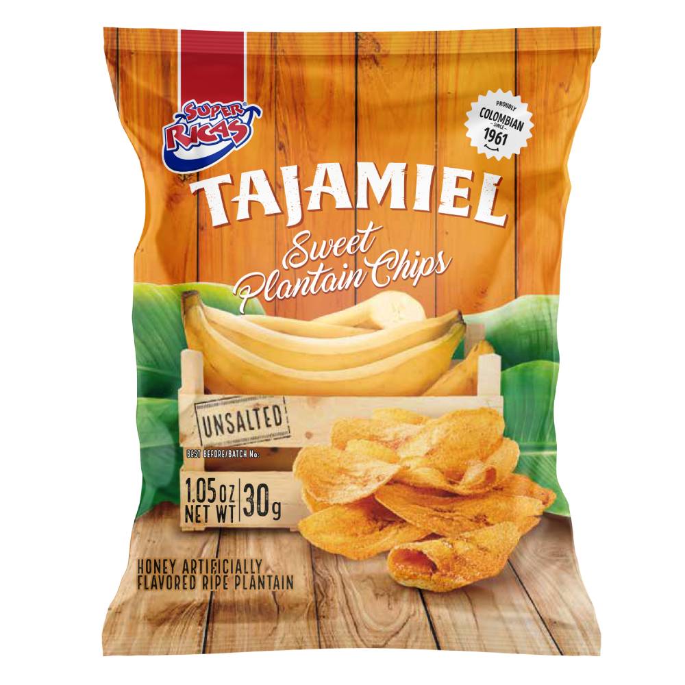 Super Ricas Pack Tajaditas Tajamiel flavored plantain chips, chilli, lime, natural. (8 units)